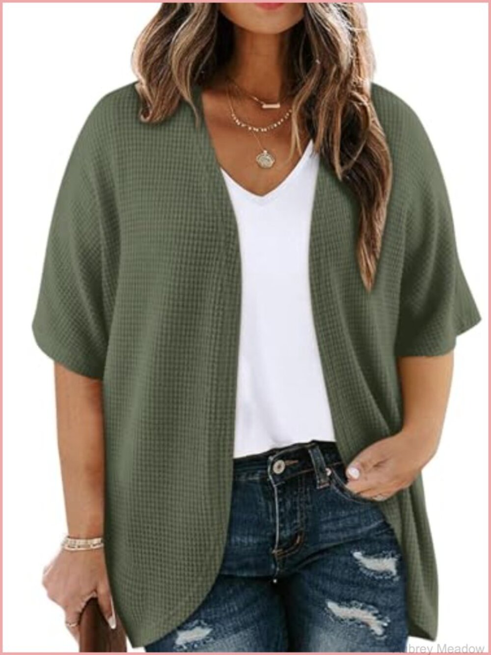 Plus Size Waffle Knit Cardigan Open Front Short Sleeve Lightweight Summer